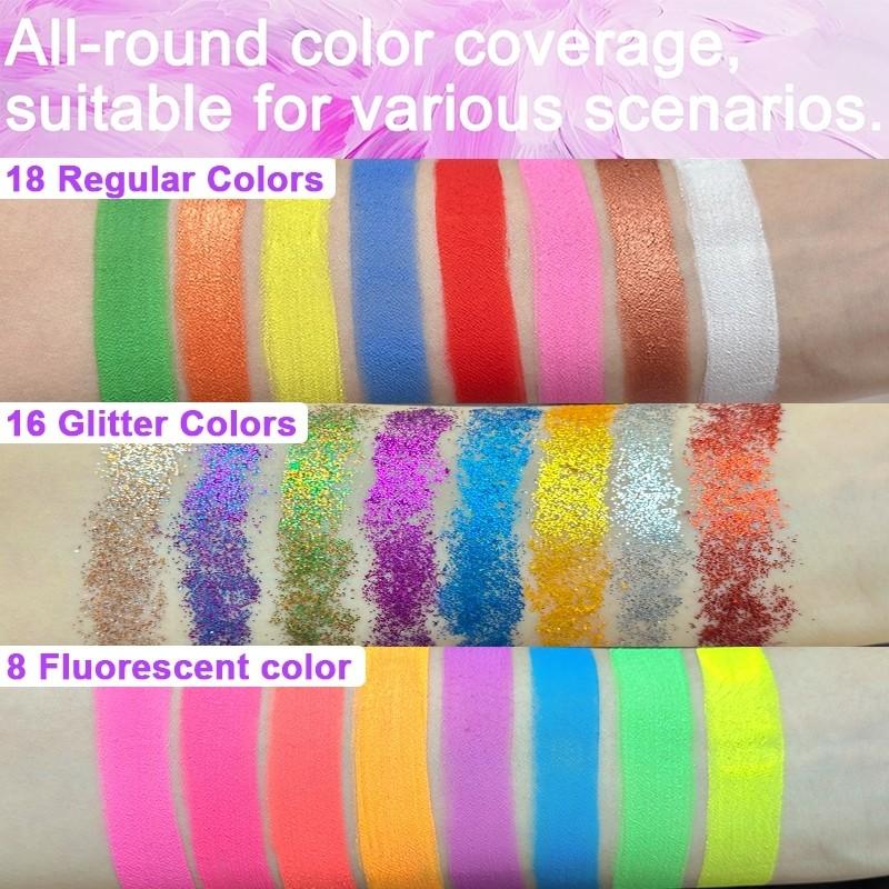 20 Colors Face Body Paint Set, Festival Party Art Kit with Palette and Stencil Tools, Artist Brushes, Tattoo Templates, Beginner & Pro Use