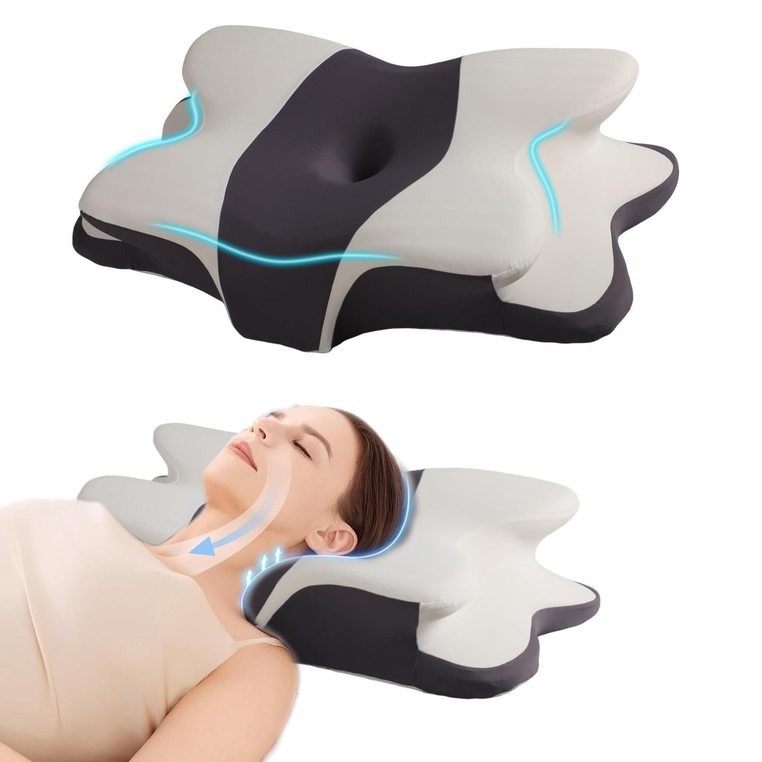 Double-sided neck pillow, dual-height memory foam pillow, cool breathable pillowcase, enlarged armrest area, center groove design, zoned contour pillow, Soft for Side Sleep Stomach Sleeping and Back Sleepers