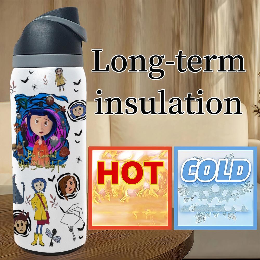 1pc 32oz Coraline Cartoon Insulated Water Bottle, Double‑Wall Stainless Steel Portable Travel Tumbler, Horror Animation Character Print, Flip Spout Lid, Leak‑Proof Reusable Cup, For Daily School Outdoor, Animation Fan Collectible Gift