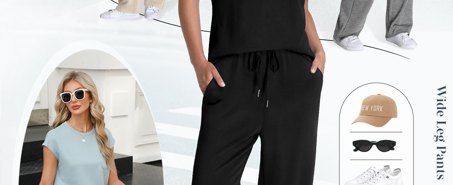 OFEEFAN 2 Piece Sets for Women Casual Summer Travel Vacation Outfits Cap Sleeve Lounge Set Chic Crewneck Soft Silky Breathable Clothes SpringStatements