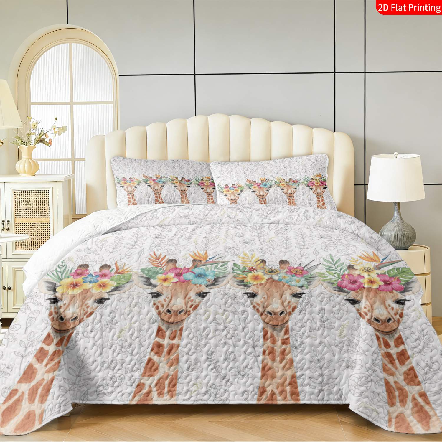 3 pcs, 2D flat print Watercolor Giraffe Floral Crown Bed Cover Set, Multiple Sizes Available, Bedding Set, All Seasons, Gift for Loved Ones(1 bedspread , 2 pillowcases)