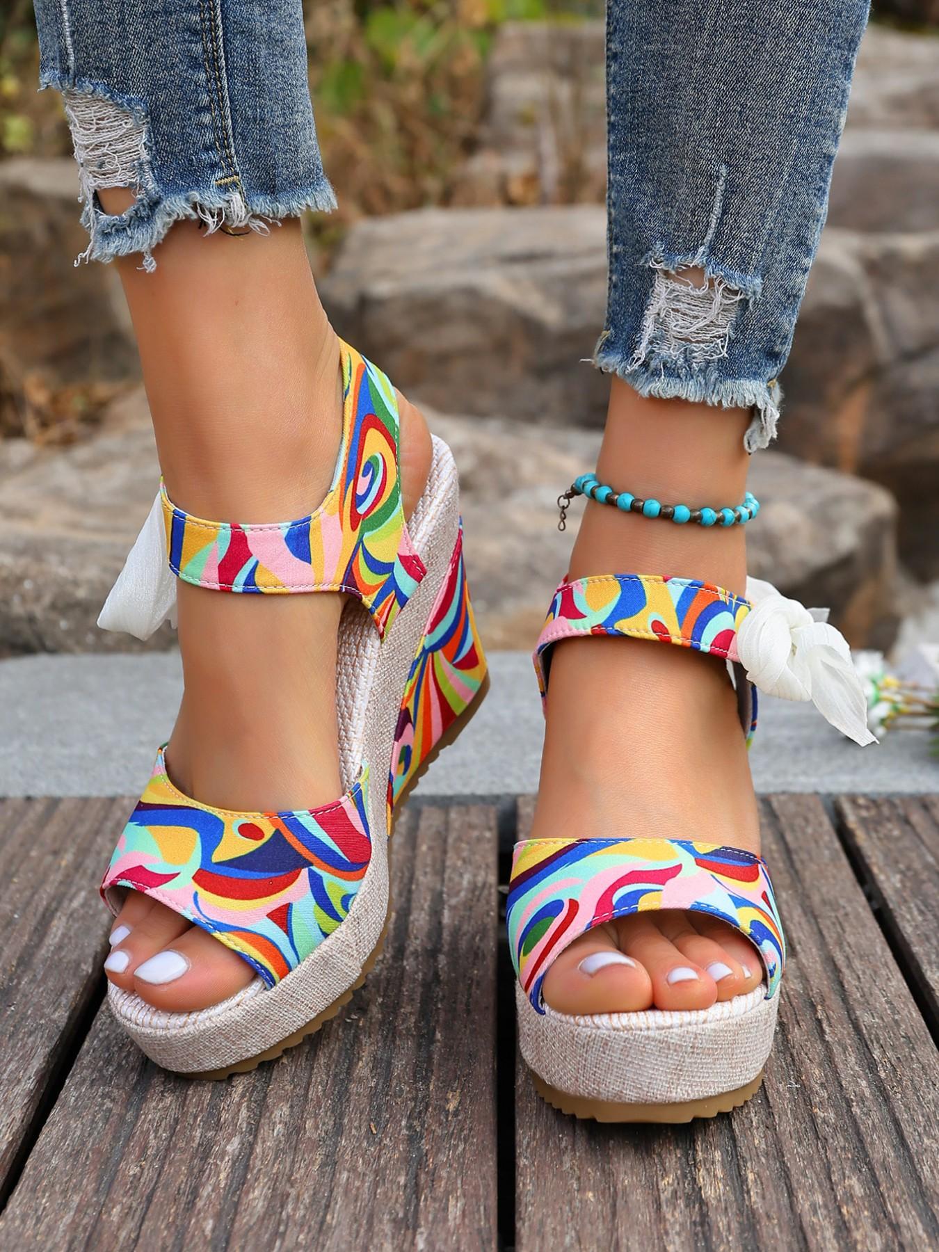 Women's Boho Abstract Colorblock Graffiti Print Shoes, Rhinestone Bow Detail, Chunky Textured Heel, Open Back Design, Versatile & Stylish