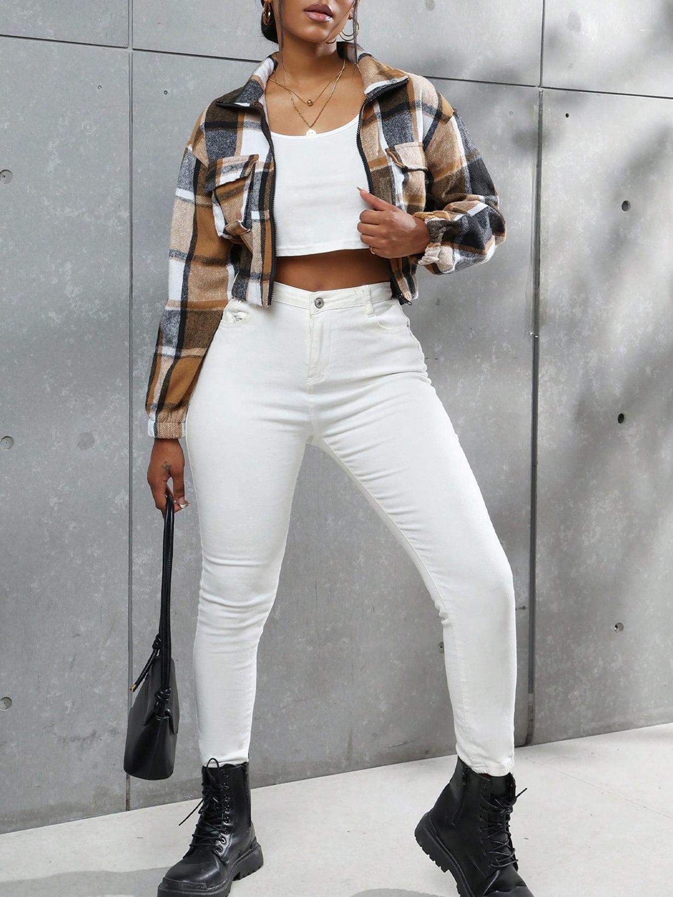 Women's Fall Winter Plaid Button-Front Pocket Jacket, Casual Fitted Long Sleeve Woven Outerwear Coats