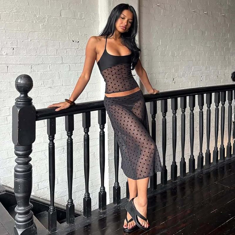 Women's Two-Piece Set, Matching Outfit Set, Sheer Mesh Polka Dot Print Halter Top & Bodycon Lace Trim Midi Skirt, for Party, Club, Date and Holiday, Ladies Summer Clothes