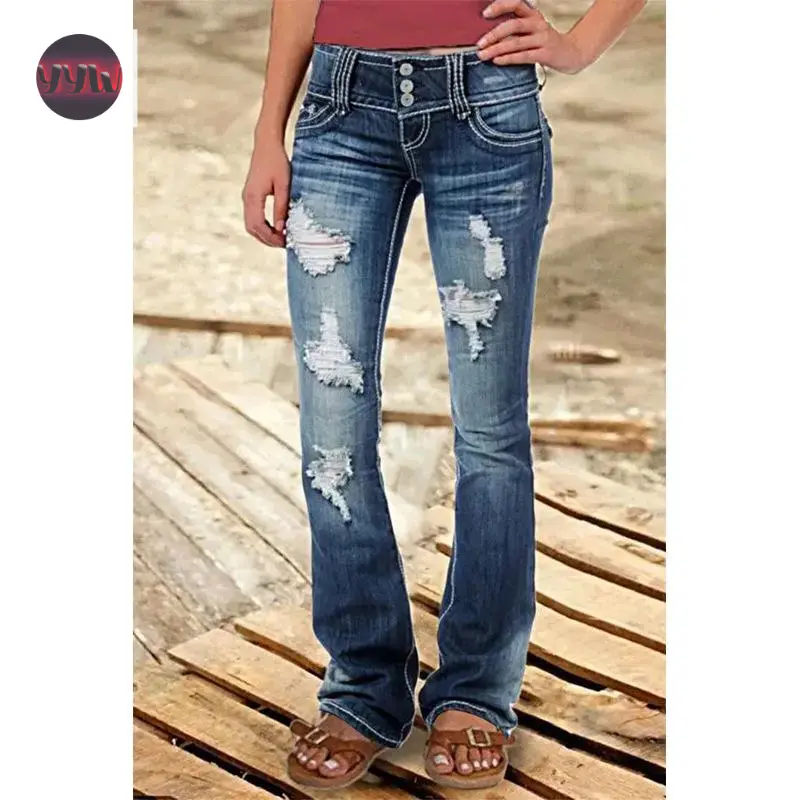 YYW1 New2025 New Low Waist Vintage Ripped Button Jeans