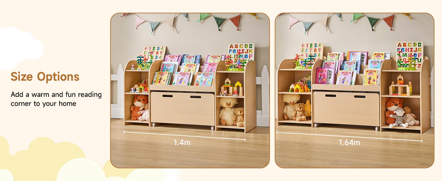 ONBRILL Kids Bookshelf with Reading Nook, 64.5" Toy Storage Organizer with Movable Bench with 3 Storage, Kids Bookcase with 3-Tier Bookshelf, 6 Storage Cubbies, Toy Box & Chest for Bedroom, Playroom