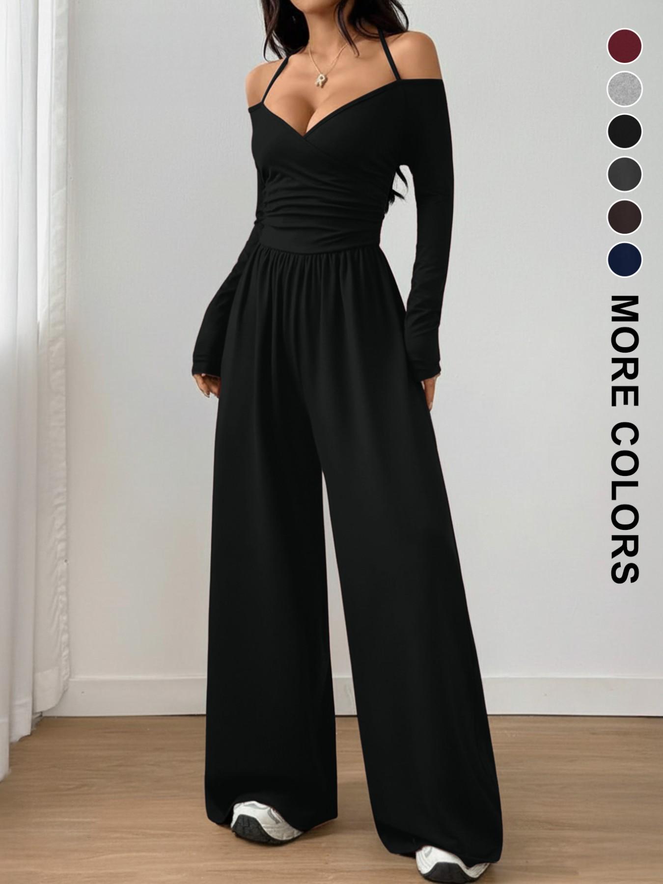 Women's Spring Summer Plain Knit Fashion Design Off-Shoulder Pleated Wide Leg Jumpsuit, Casual Daily Commute Pants, Slim-Fitting