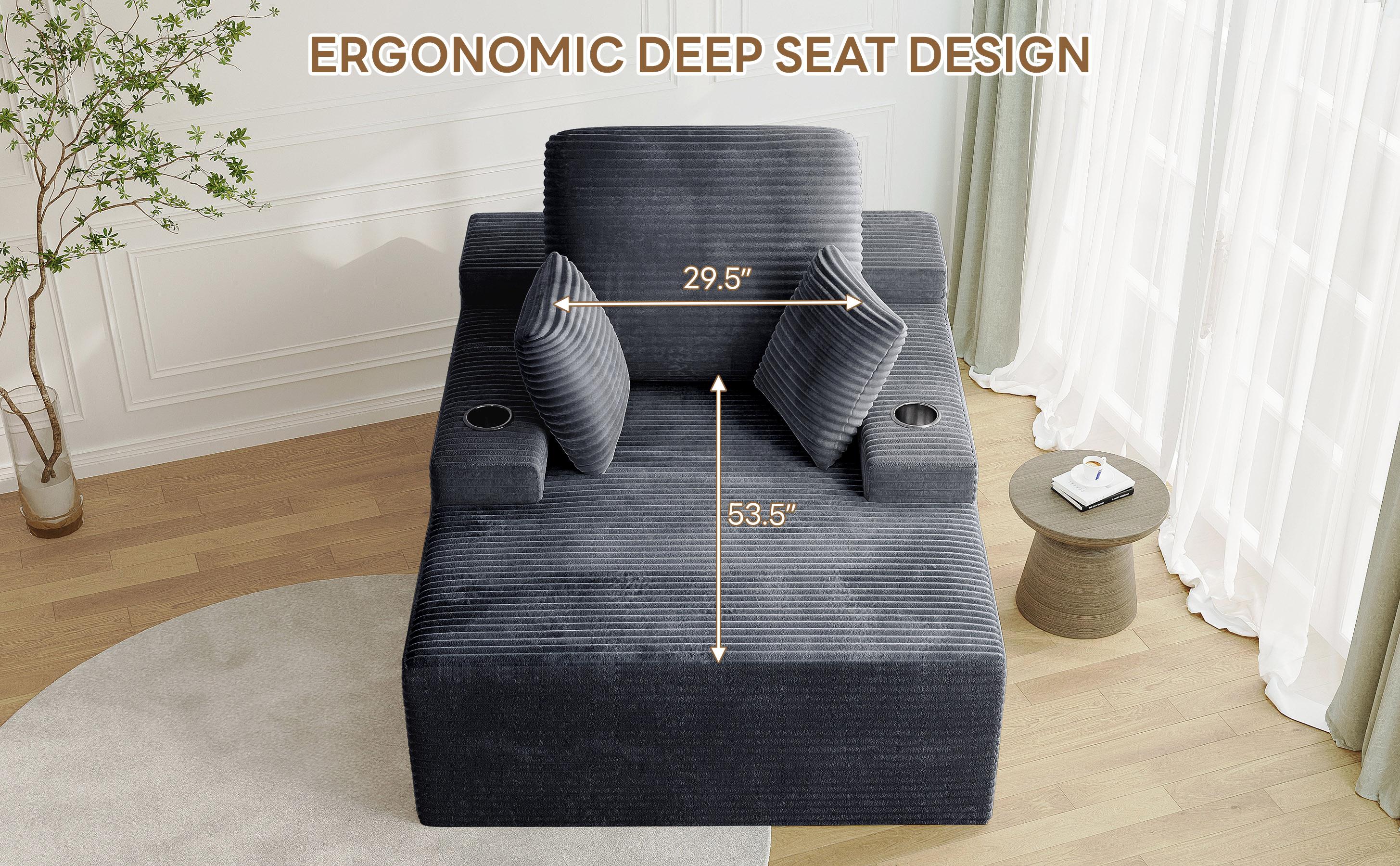 49" Oversized Chaise Lounge Sofa Bed with 2 Cup Holders & Storage Pocket - Plush Corduroy Upholstered, No Assembly Cloud Couch for Living Room, Bedroom, or Reading Nook