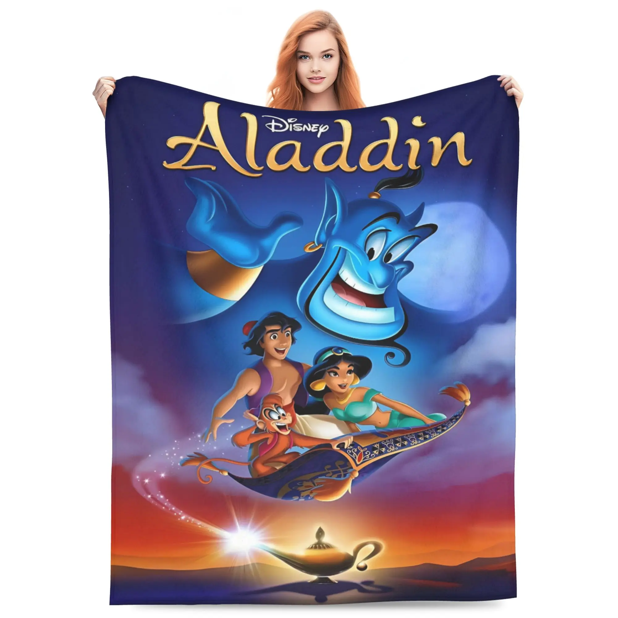 Disney Classic Aladdin Genie Jasmine Abu Magic Carpet Flannel Throw Blanket, Soft Lightweight Cozy Cartoon Blanket, Warm Bed Sofa Couch Blanket for Kids Movie Fans Gift