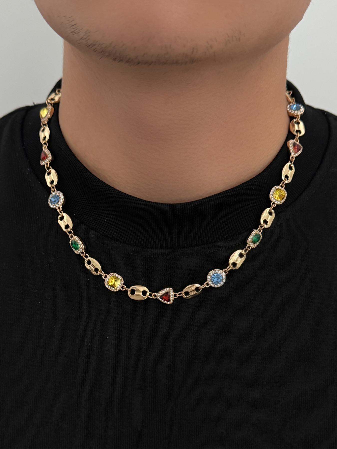 Men's Colorful Gemstone Necklace with Rhinestones, Elegant Rhinestone Necklace, Casual Jewelry for Daily Wear, Party & Holiday Accessories