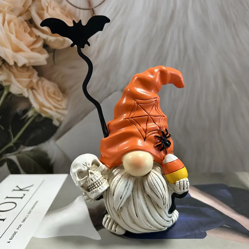 1 Piece Halloween Resin Gnome Figurine, Orange Spider Web Hat Gnome Statue with Skull Bat Topper Black Spider Candy Corn, Mini Spooky Tomte Ornament for Halloween Tiered Tray Tabletop Desktop Home Party Decoration Holiday Gift