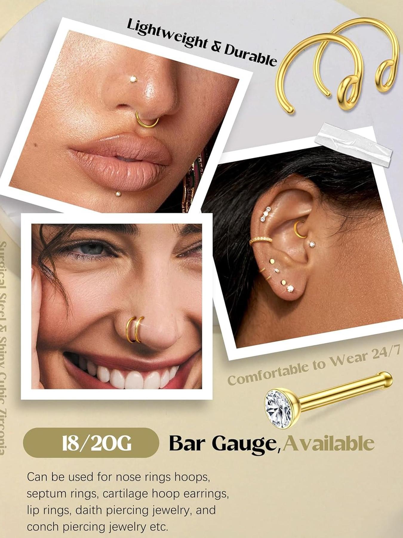 20g Nose Rings Hoops Nose Studs - Hypoallergenic Surgical Steel CZ Nose Stud L Shape Body Nostril Piercing Jewelry for Women Men 14k Gold Plated 20Pcs