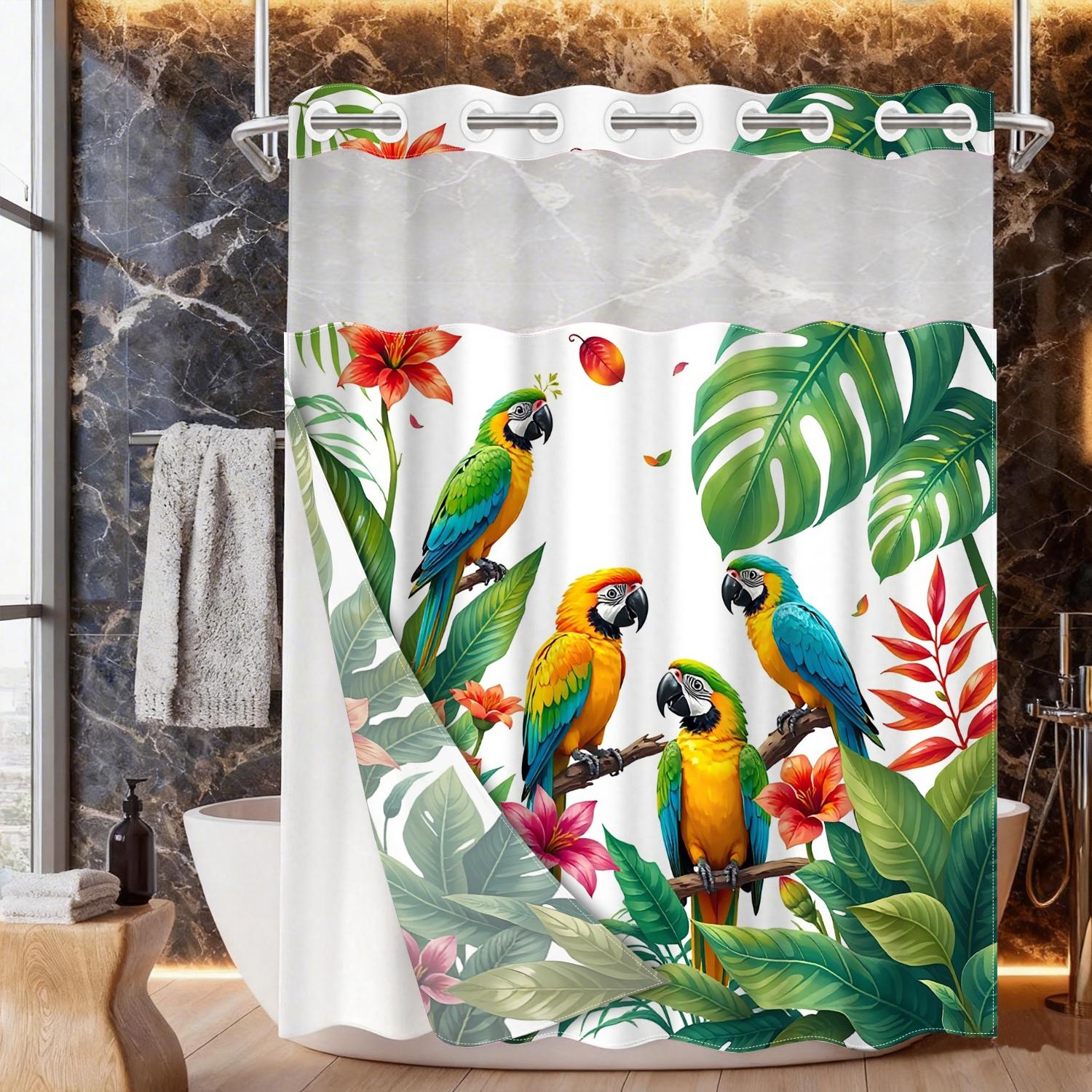1PC double-layer large ring shower curtain, four parrots inhabit tropical plants, shower curtain, high-end quick drying hanging curtain, bathroom, curtain, waterproof, mildew proof curtain