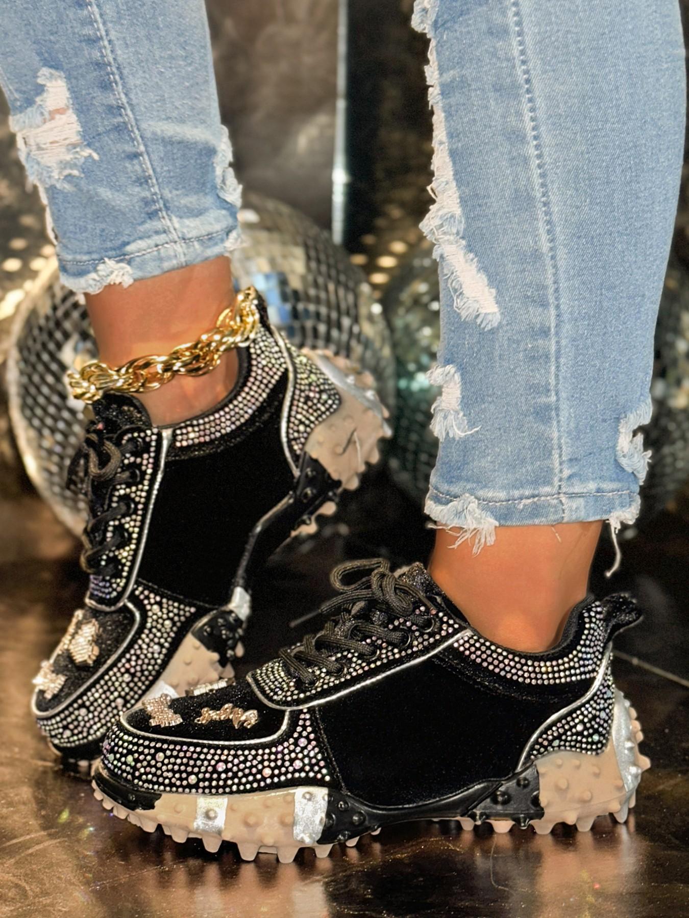 Women's Rhinestone Chunky Sole Dad Shoes, Y2K Style Sparkling Heart Decorations, All Season Fashion Sneakers