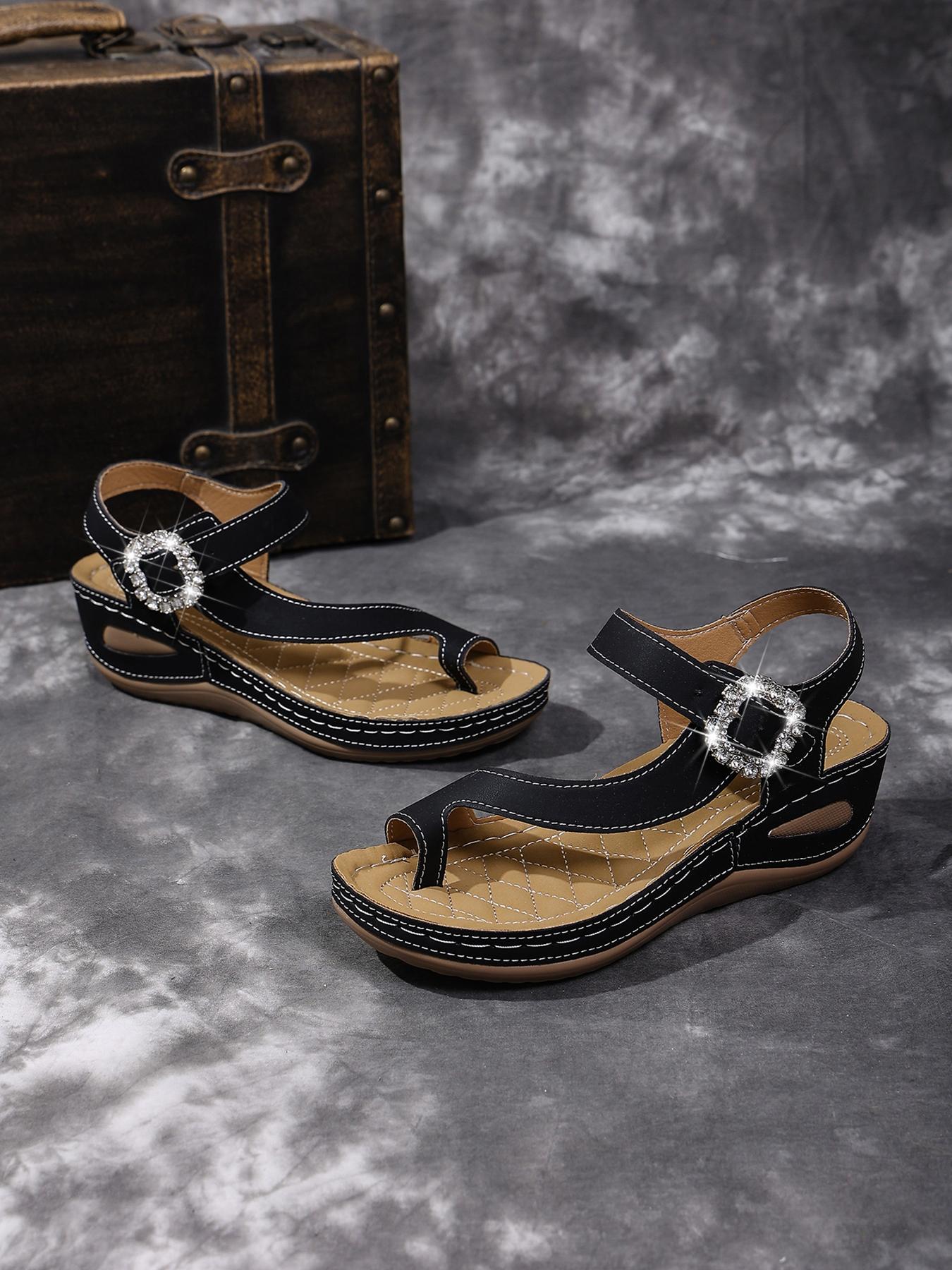 Summer best-selling women's rhinestone square-toe wedge flip-flop sandals with arch support, orthopedic lightweight soles, available in large sizes, comfortable for long standing without fatigue or blisters. Suitable for commuting, work, shopping, beach a