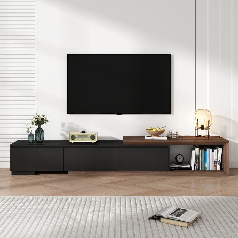 Extendable TV Stand with 3 Drawers, Modern Minimalist Entertainment Center, Reversible Long TV Media Console, Bevel Design, 82-107 Inch, Black & Walnut/White & Walnut