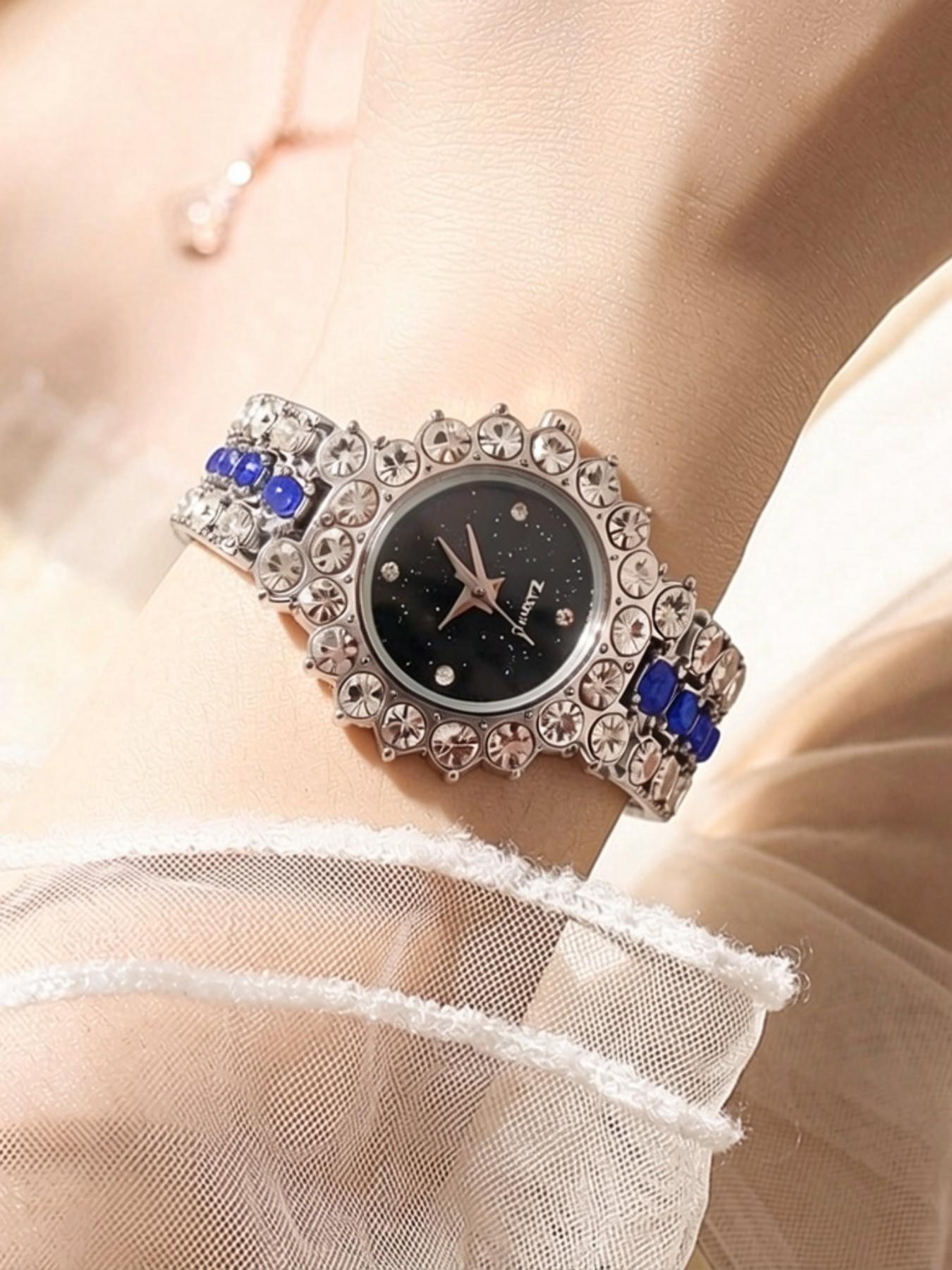 Mother's Day Gift Set, Full Diamond Blue Sapphire Women's Watch, Lip Liner, Foundation, Powder Compact, Silver Color Case, Casual Style