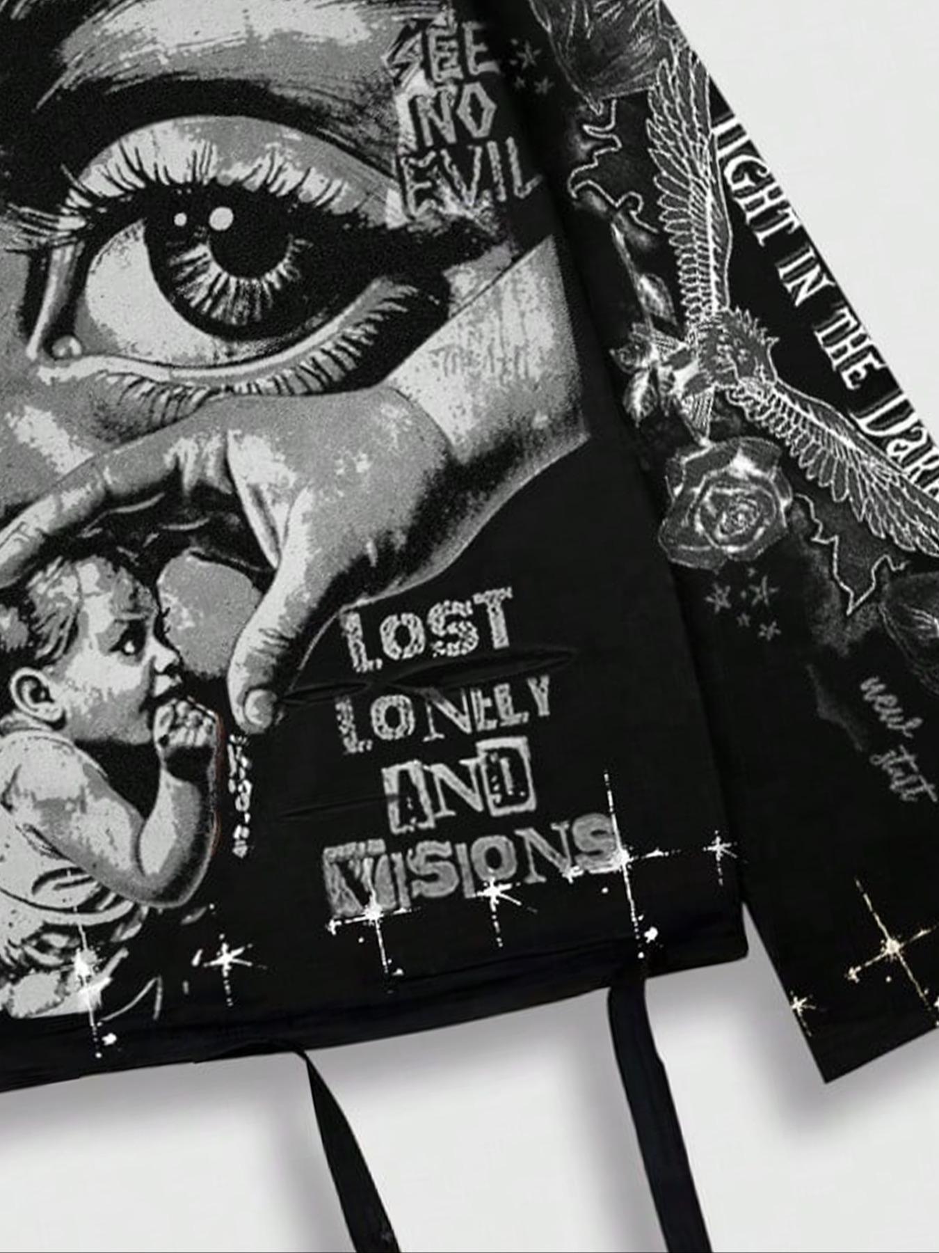 Men's Vintage Casual Streetwear Street Style Saint Print Long Sleeve Round Neck T-Shirt, Loose-Fitting Short Fit, Fall 2000s Fashion