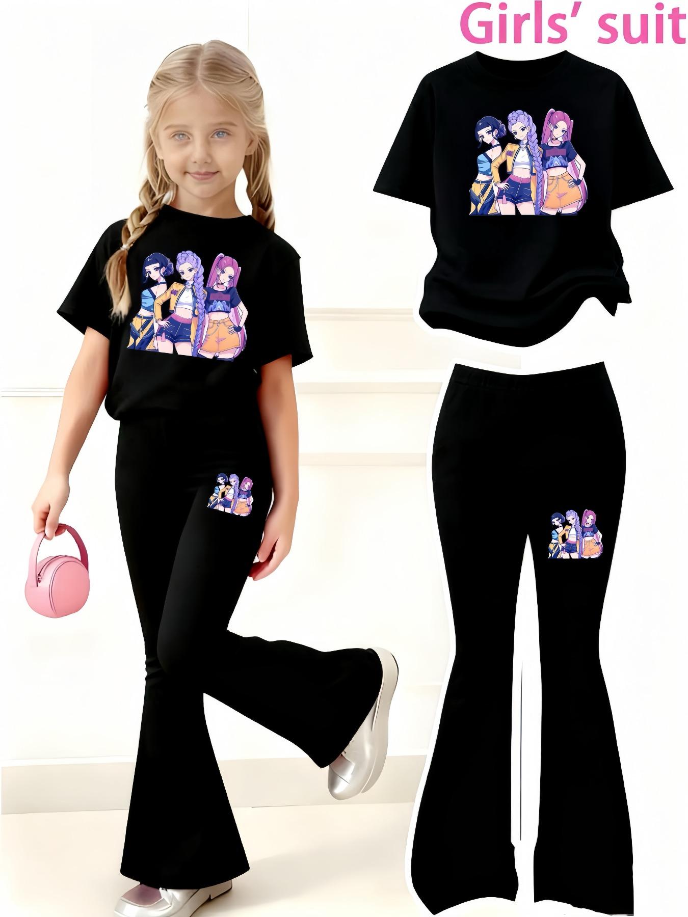 Halloween Christmas Costume Set, Witch Pattern Print 2-Piece Girls Casual Sports Short Sleeve & Bell Bottoms, Youth Trendy Sportswear, Cute Clothing Set