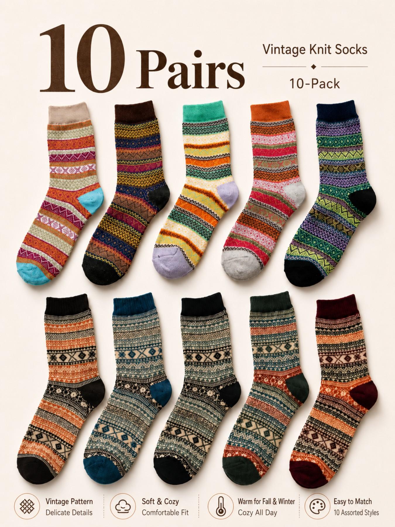 10 Pairs Unisex Vintage Knit Crew Socks, Cozy Fall Winter Patterned Socks for Men & Women, Warm Casual Socks for Sneakers, Boots, Streetwear & Everyday Outfits