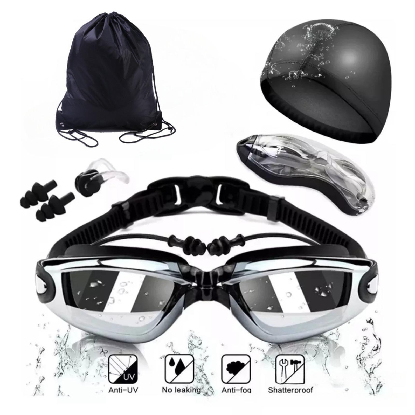 5-Piece Swim Goggle Set: HD, Waterproof, Anti-Fog Goggles with Large Frames, Electroplated Lenses, and Earplugs (Unisex)