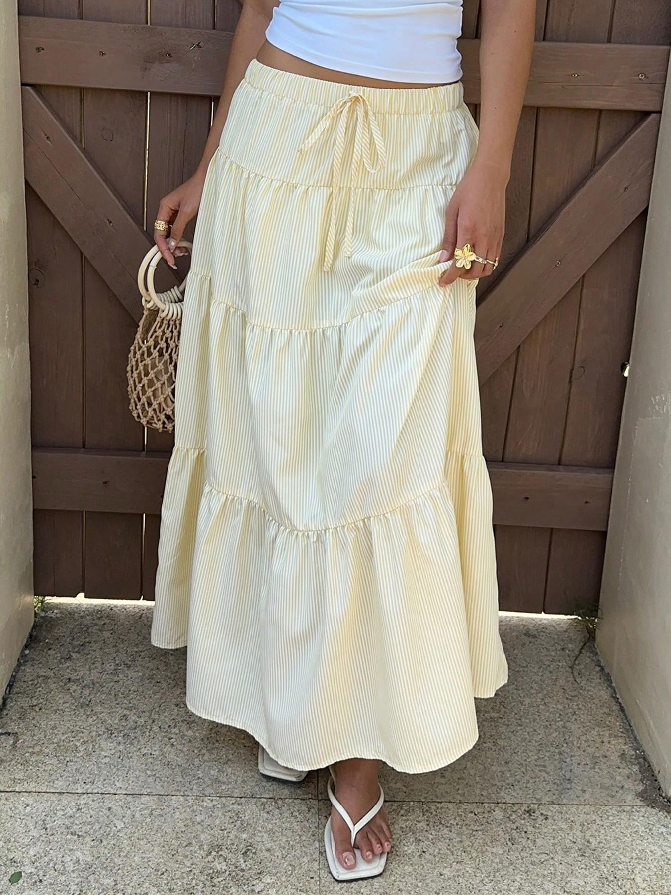 1 Piece Tie Drawstring Adjustable Elastic High Waist Tiered Multi Layer Spliced Ruffle Vertical Striped Loose Full Flowy Long Maxi Skirt, Boho Casual Fashionable Skirt