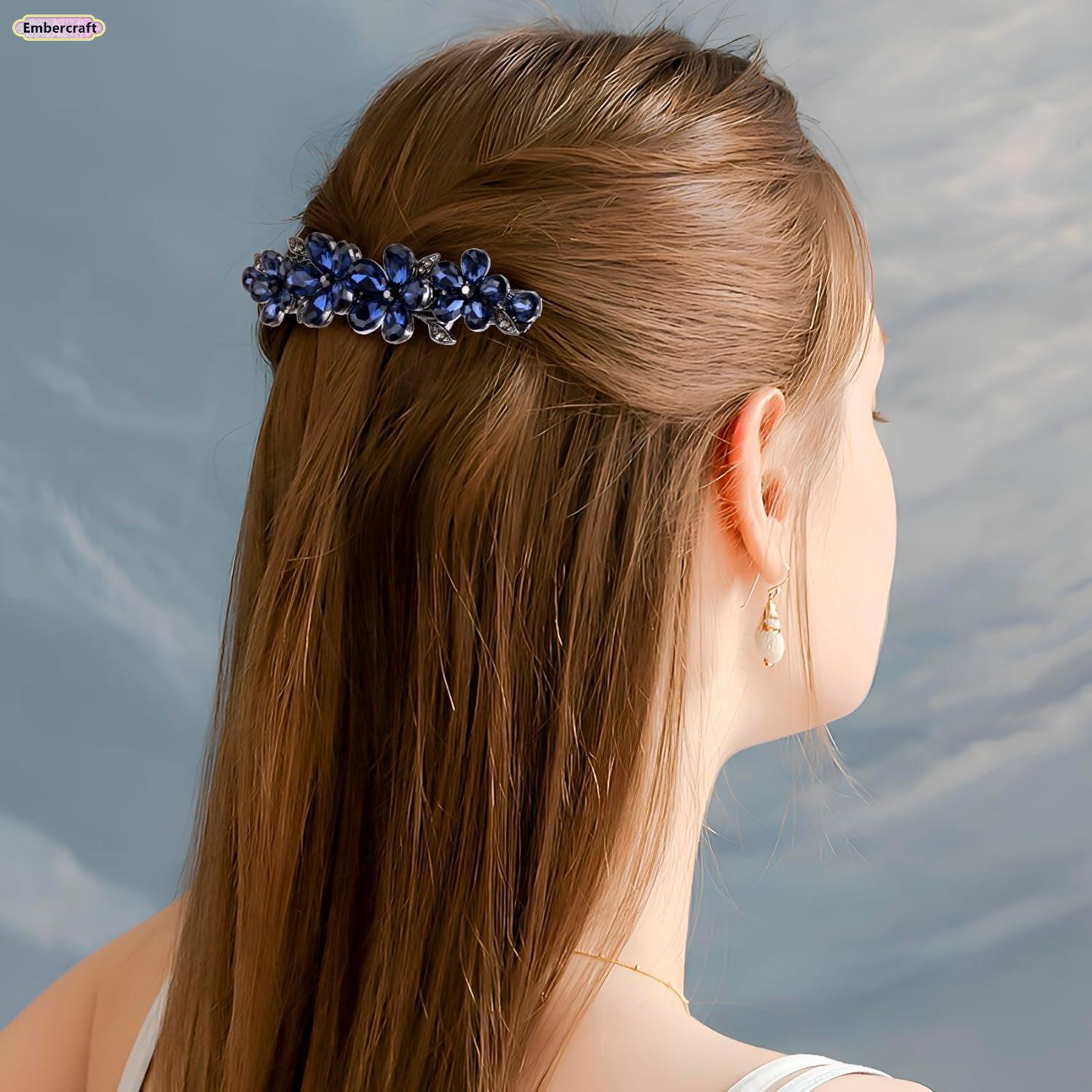 Women's Rhinestone Blue Flower Hairpin - Sparkling Crystal Long
