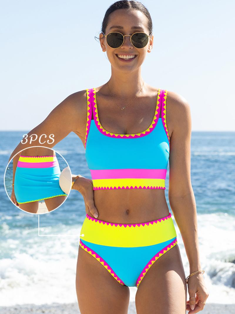 Popvil Patchwork Sporty 3 Piece Bikini Sets,Tummy Control & High Waisted Swimsuit with Wide Shoulder Straps