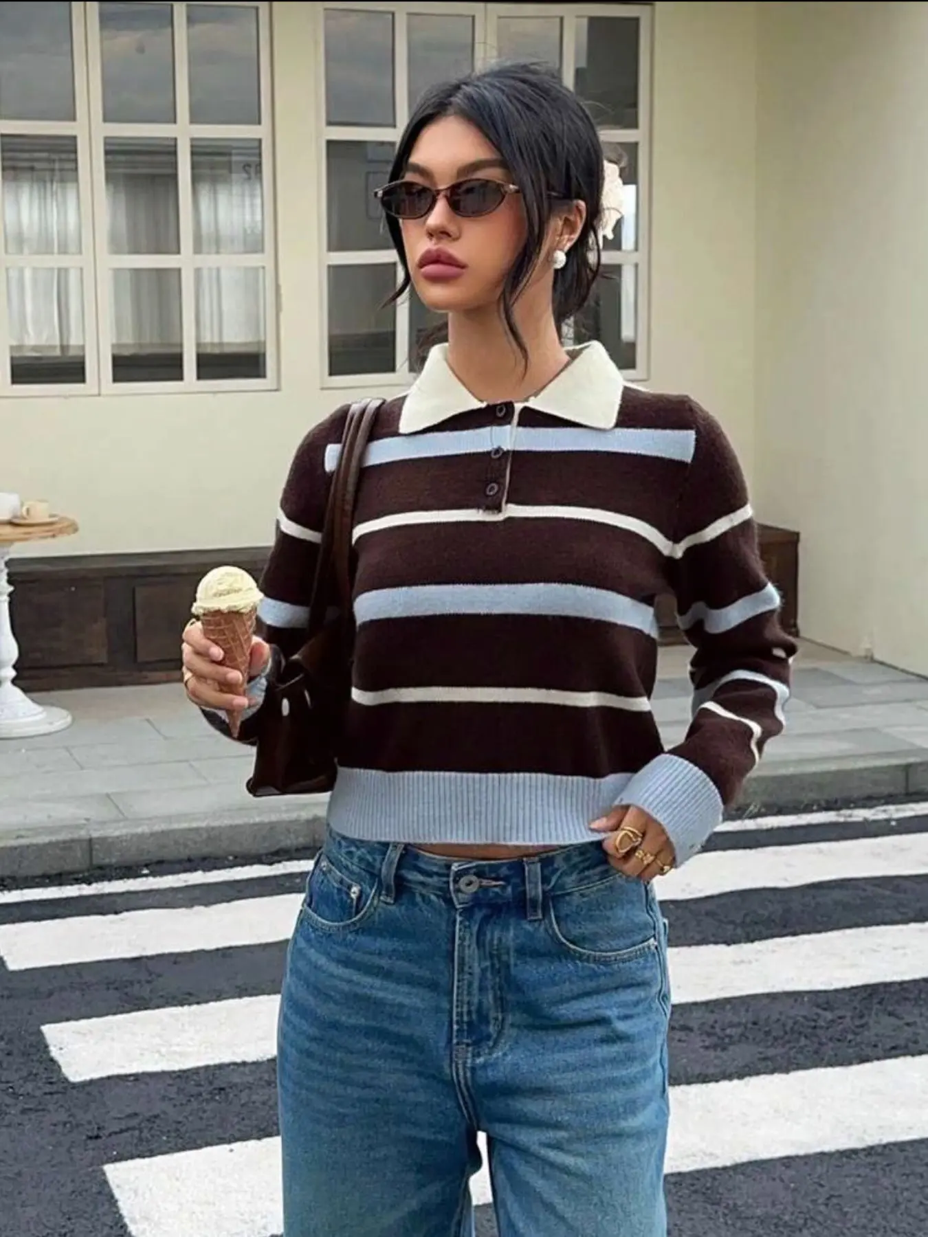 American Vintage Striped Polo Neck Knitwear, Short Sleeve High Waist Colorblock Turn-Down Collar Button-Up Sweater for Women