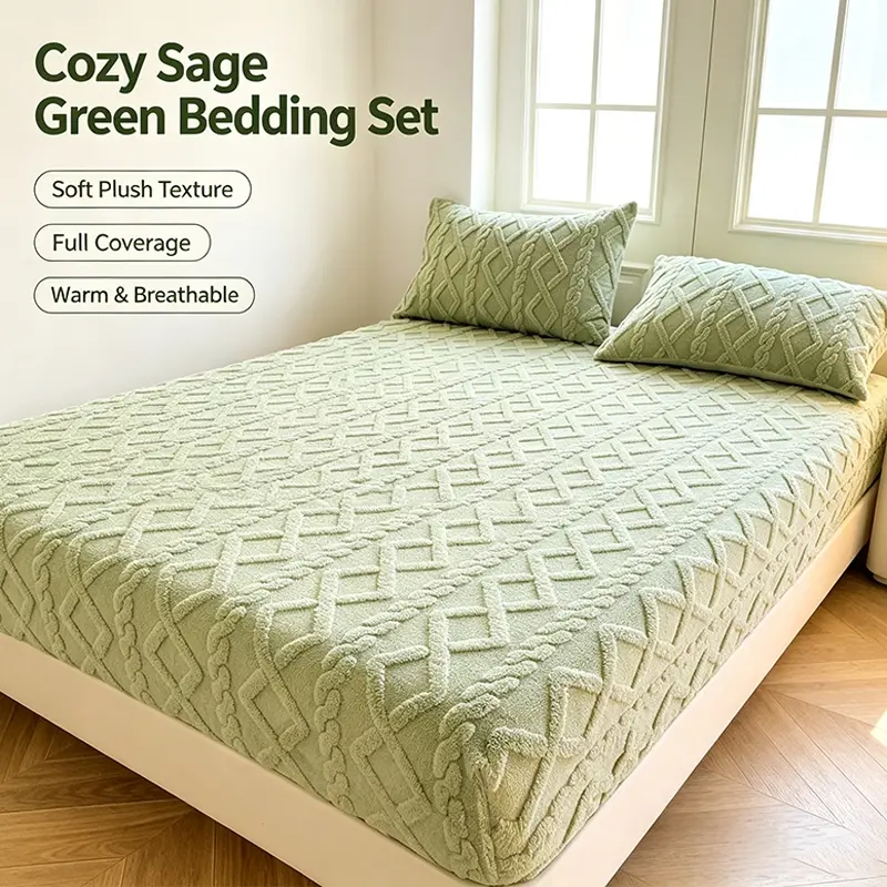 Geometric Plush Fitted Sheet Set, Soft Fitted Sheet, Textured Jacquard Bed Cover with 2 Pillowcases, Snug Fit, Multiple Colors Available, Ideal for Back‑to‑School & Fall Winter Dorm Essentials