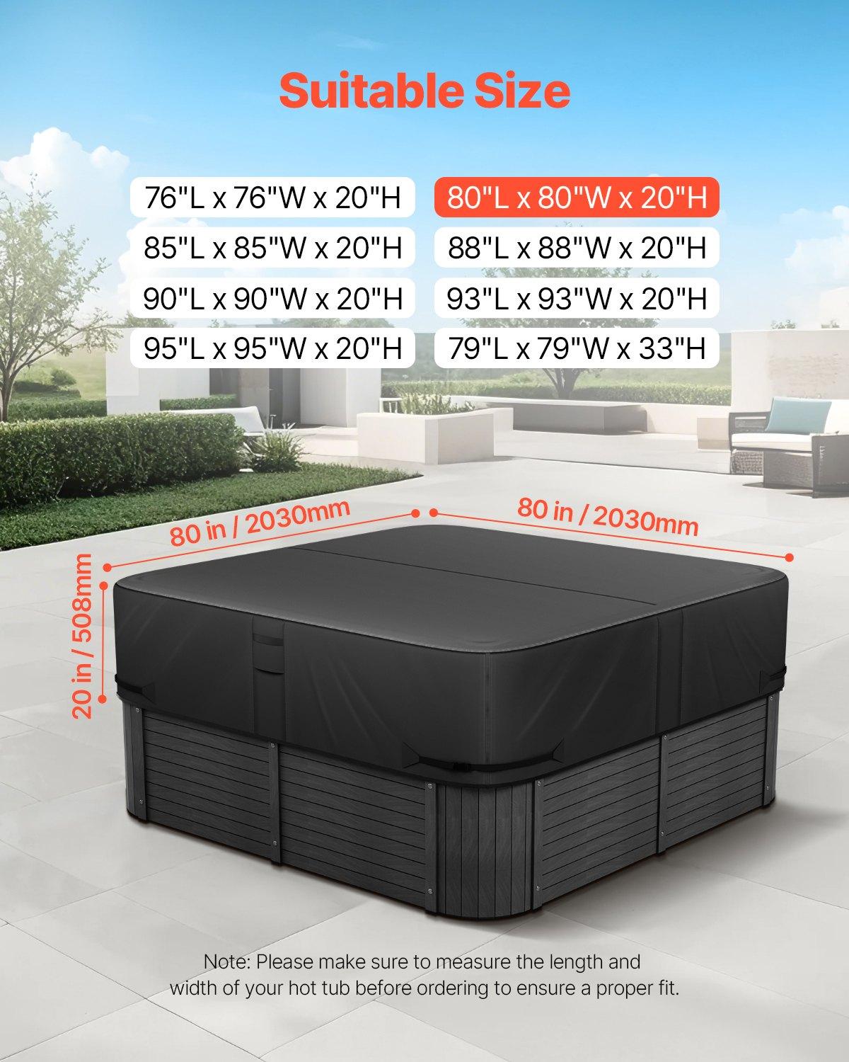 VEVOR Outdoor Hot Tub Cover, 80x 80x 20 Inch Weatherproof and Waterproof Hot Tub Cover Protector, 600D Heavy Duty Oxford Fabric and 950N Tearing Strength, Square Spa Covers for Hottub, Black