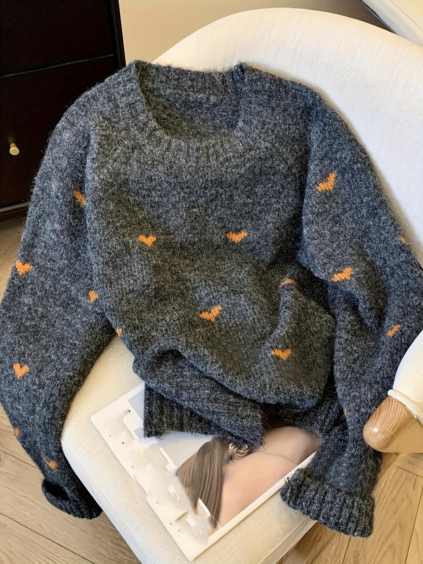 Plus Size Women's Fall Winter Heart Pullover, Chic Long Sleeve Drop Shoulder Knitwear Knitting, Cozy Crew Neck Sweater for Casual Daily Wear Tops