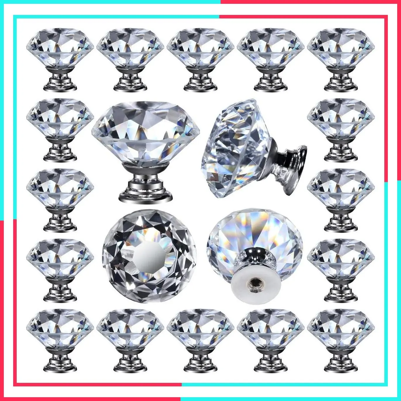 26 pcs Clear Crystal Glass Cabinet Knobs 30mm Diamond Drawer Pulls for Kitchen Bathroom Dresser Cupboard