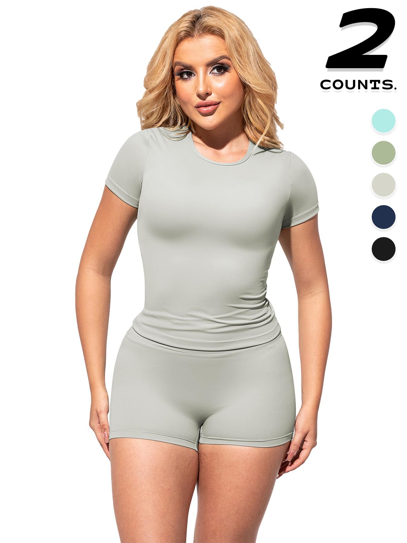 2PCSWomen's Solid Color Short Sleeve Tee & Shorts Set, Breathable Workout Running Clothes Gym Yoga Running, Comfortable Sportswear for Women