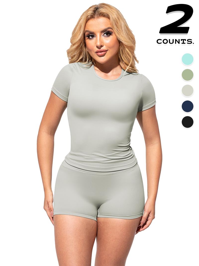 2PCSWomen's Solid Color Short Sleeve Tee & Shorts Set, Breathable Gym Yoga Running, Training Clothes, Comfortable Sportswear for Women