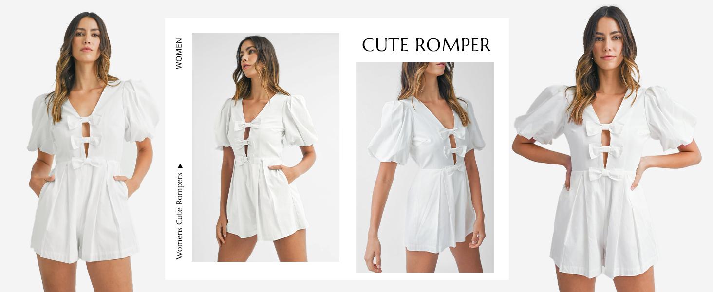 【BOGO 50% Off 】Cicy Bell Womens Cute Rompers Bow Front Puff Sleeve V Neck Short Jumpsuits Sexy Summer Outfits with Pockets