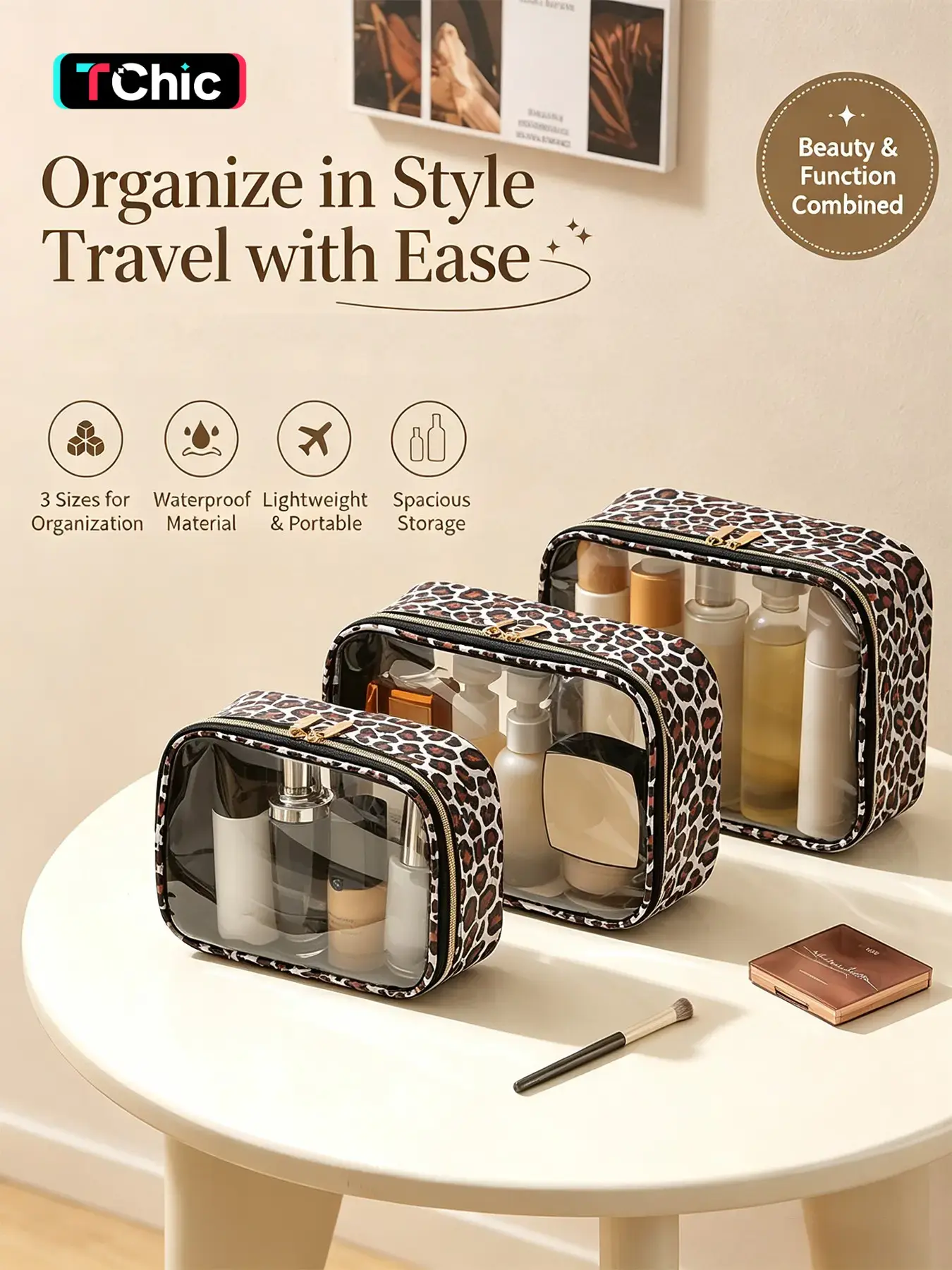 Leopard Print Transparent Makeup Bag, Large Capacity Portable Cosmetic Organizer, Travel Essential Waterproof Washbag, Multiple Sizes Available