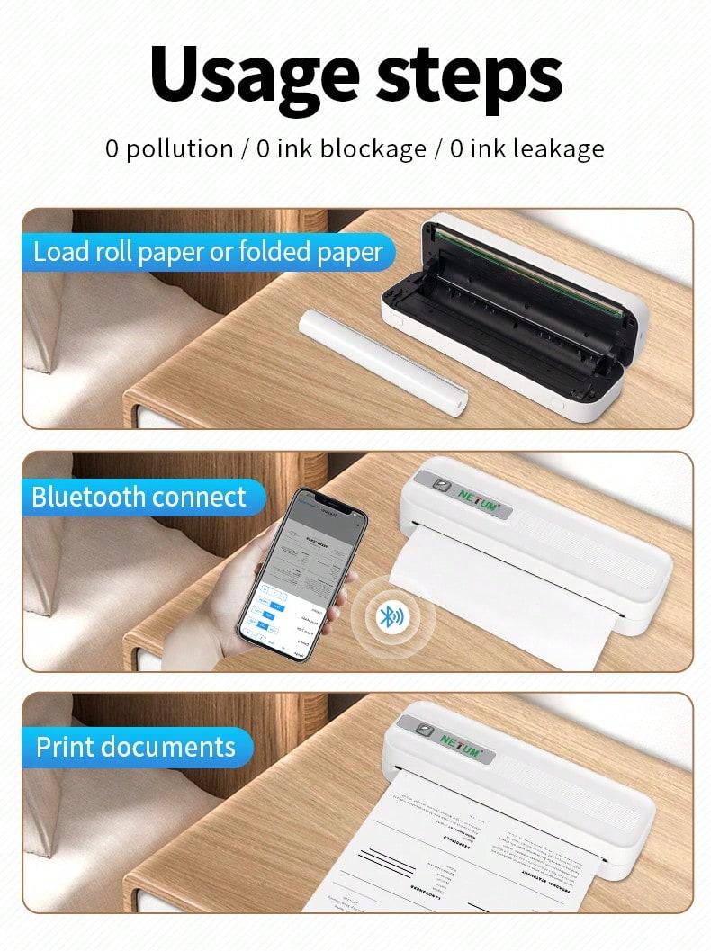 Portable Wireless Inkless Printer, Bluetooth-compatible Thermal Printer Compatible with iOS Android Laptop, Supports Us Letter and A4 Paper