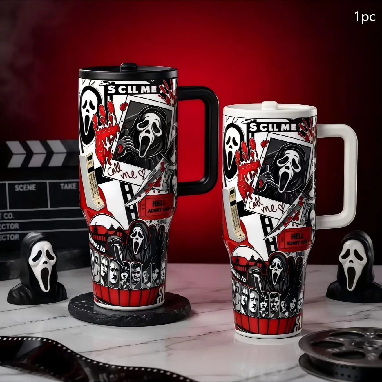 1pc 40oz Horror Movie Ghostface Tumbler, Scary Slasher Collage Travel Mug, Gothic Halloween Coffee Cup, Horror Fan Gift for Women Men, Insulated Tumbler Cup