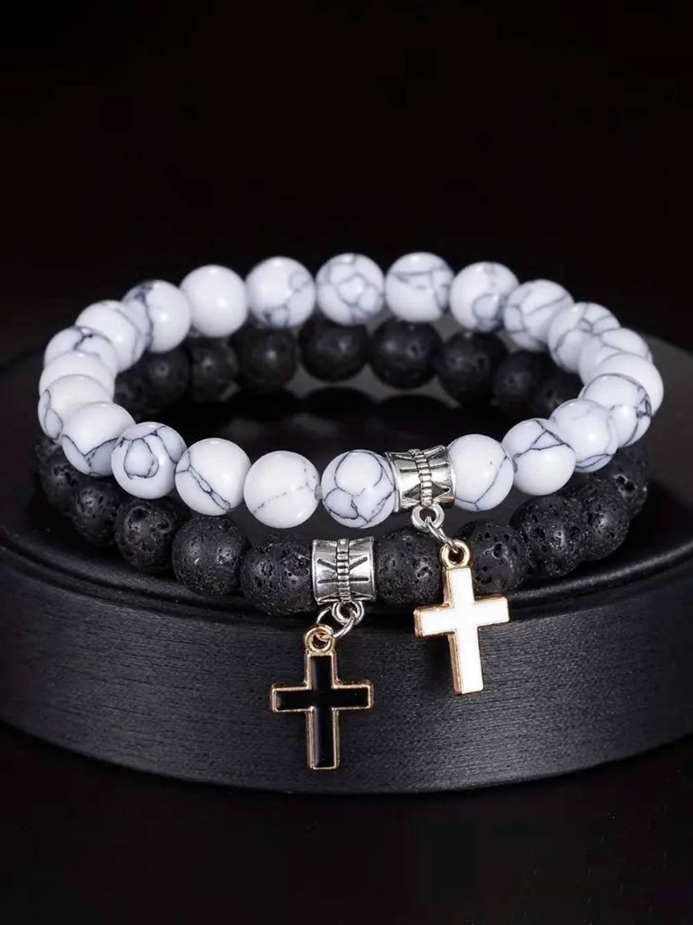 Men's Watch & Bracelet & Pendant Necklace Set,Stone & Cross Charm Decor Beaded Set, Stackable Bracelets, Fashionable Jewelry for Women & Men, Trendy All-match & Exquisite Jewelry for Birthday Gift