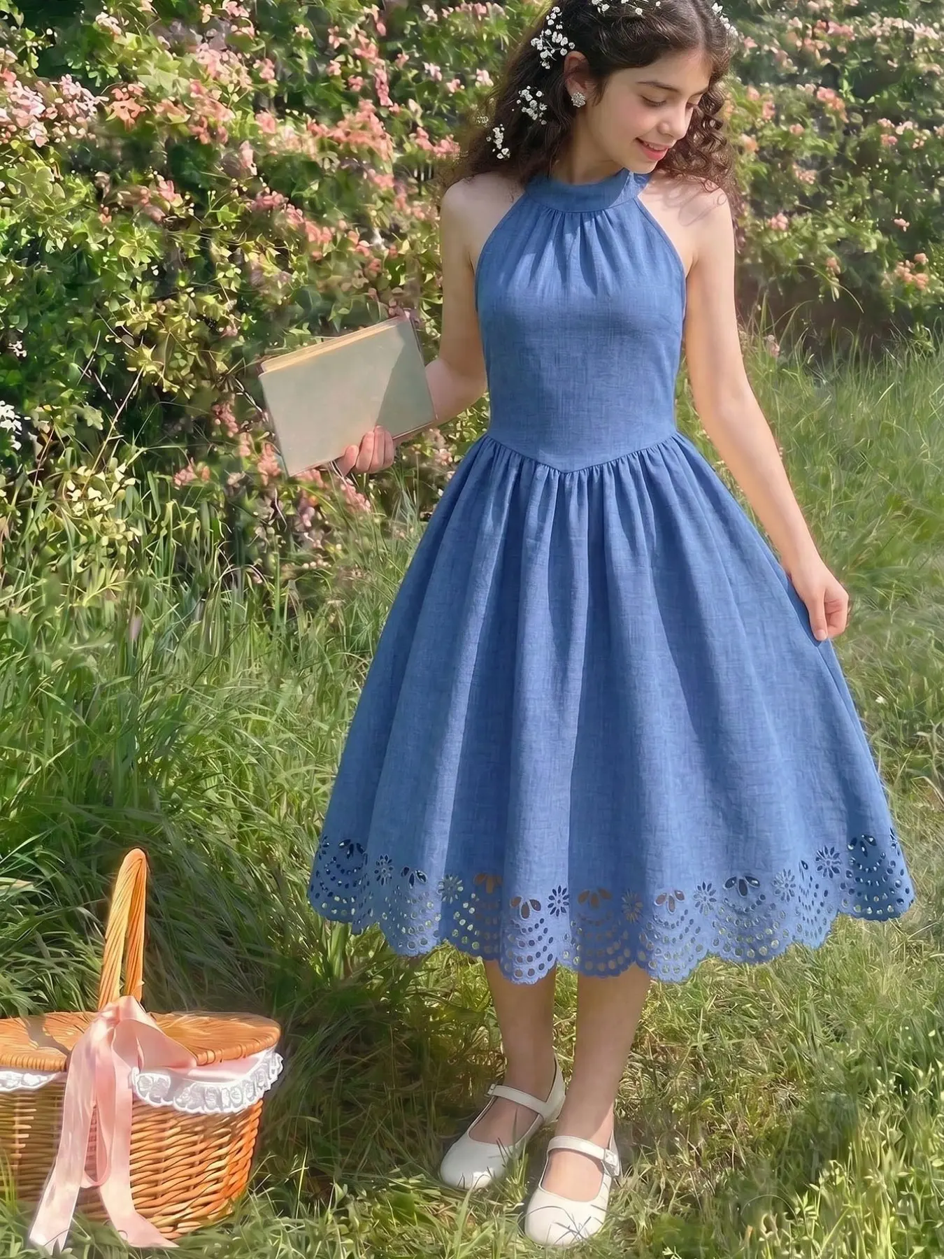 Women's Fashion Casual Commute Knit Bamboo Hemp Halter Neck Sleeveless Patchwork Laser Burned Hollow Out Blue Dress, Elegant Party Skirt