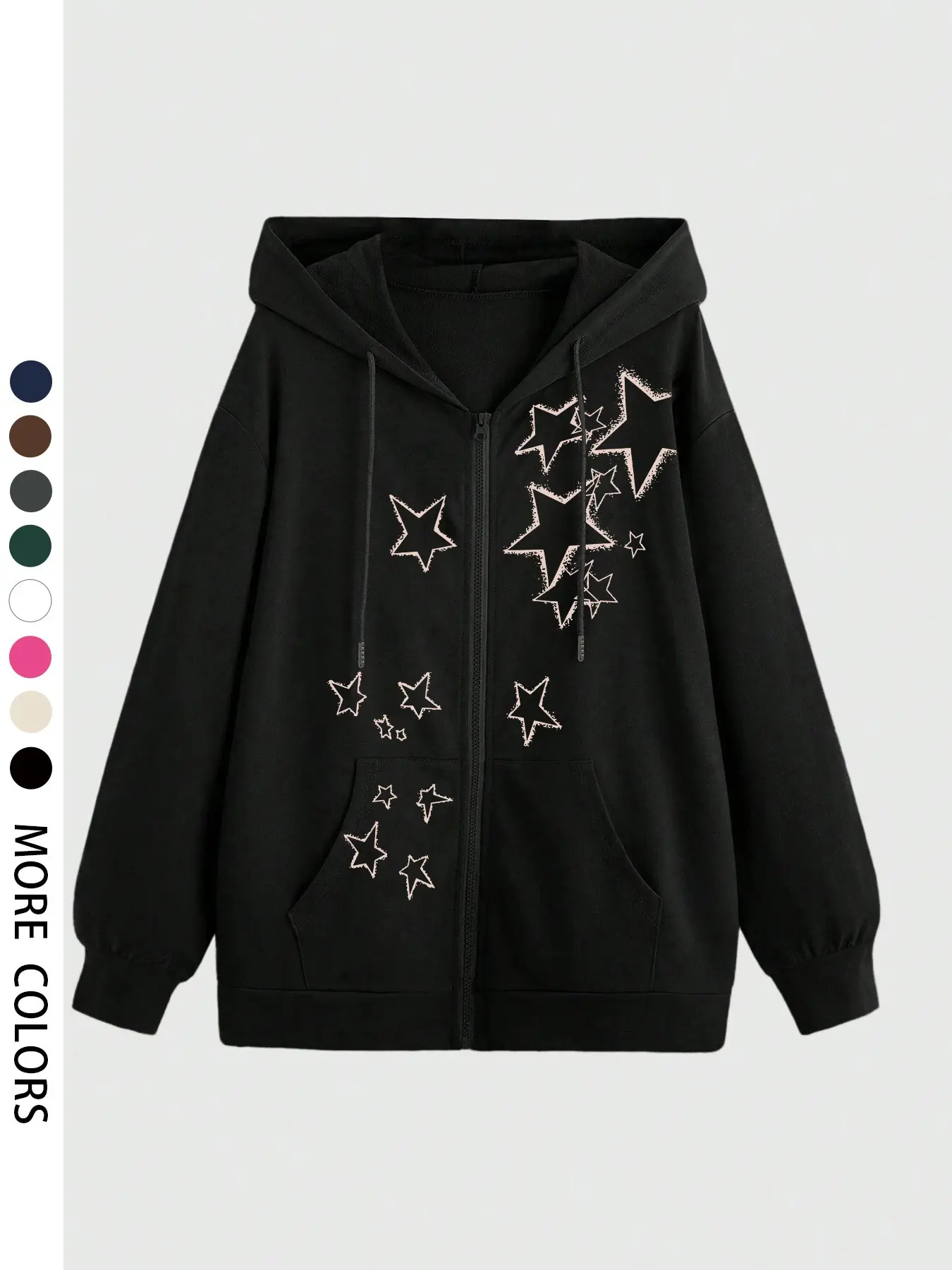 Women's Drawstring Zipper Cardigan Hoodie, Hooded Sweatshirts, Pocket Design, Star Print, Long Sleeve, Casual Oversized Loose Fit Baggy, Fall & Winter Comfortable Warm Sweatshirt