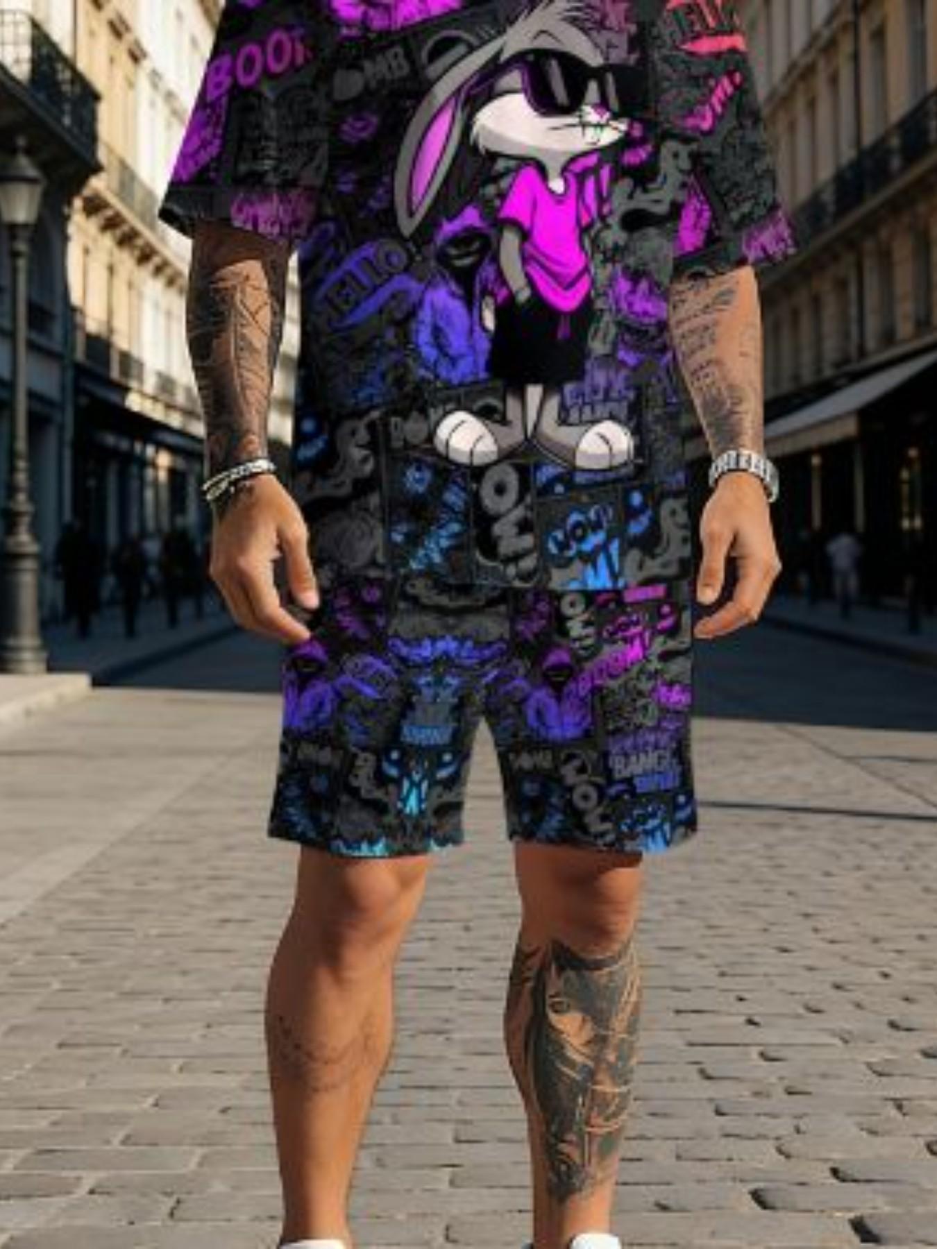 Summer Men's Outdoor Quick-Dry Short Sleeve T-Shirt and Shorts Set, Retro Cartoon Rabbit Print, Casual Street Fashion, Ideal for Daily Wear, Fitness, Running