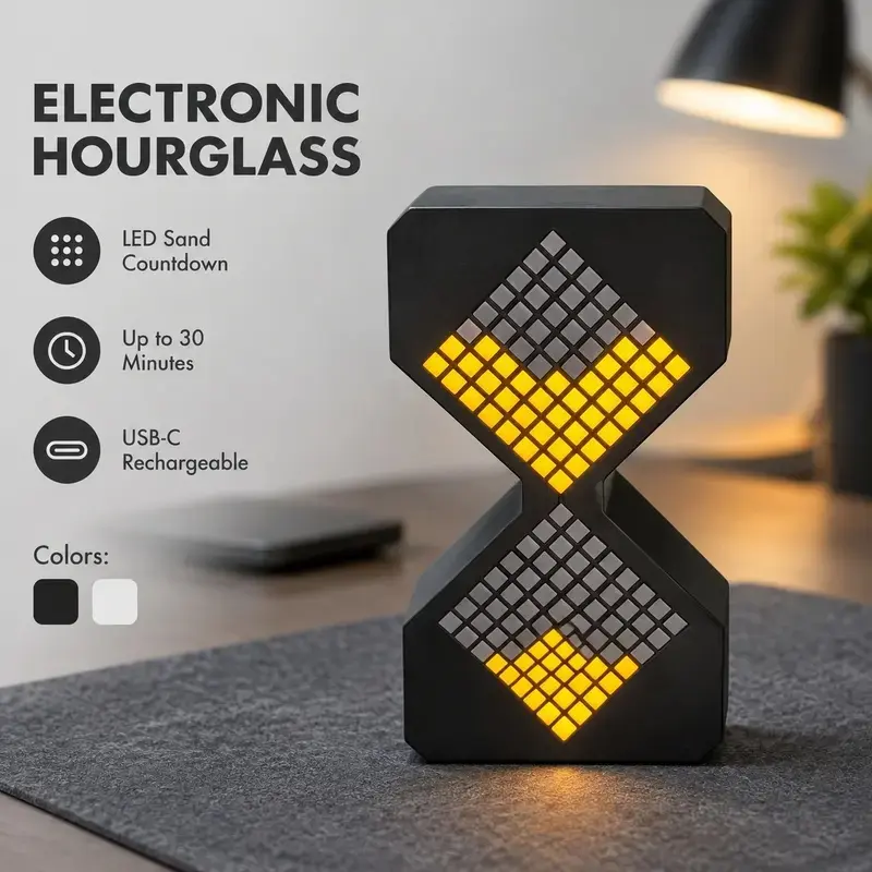 Quriov Electronic Hourglass with Gravity Sensor, USB Rechargeable LED Sand Timer & Dimmable Night Light, 30-Minute Desk Timer for Home, Office, Study