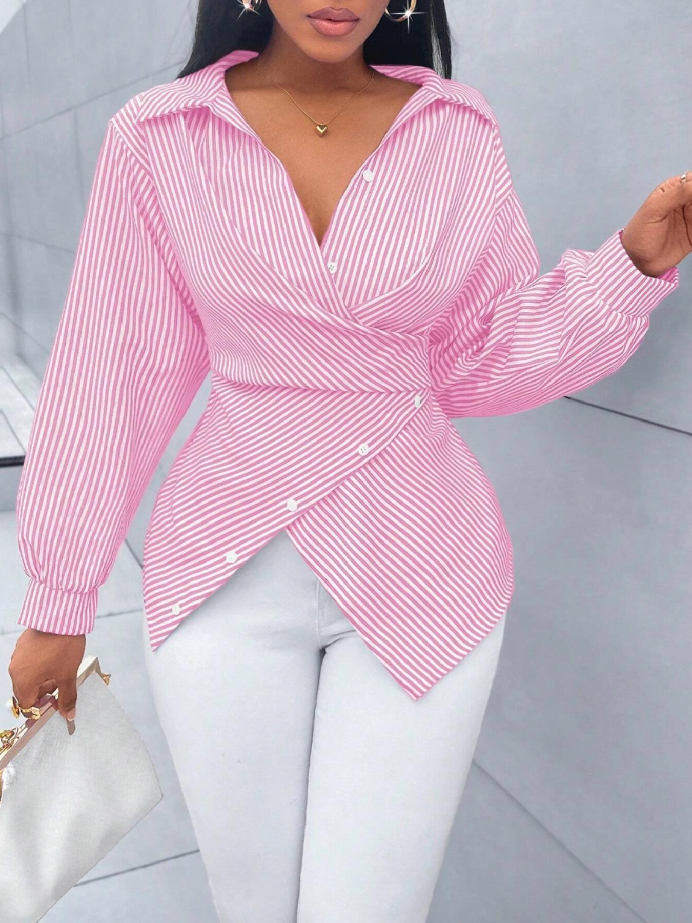 Women's Striped Print Button Front Collared Casual Shirt, Button Down Shirt,Asymmetrical Hem ,Wrap Blouse,Long Sleeve,Fitted,Elegant,Daily Commuting,Going Our,All Season