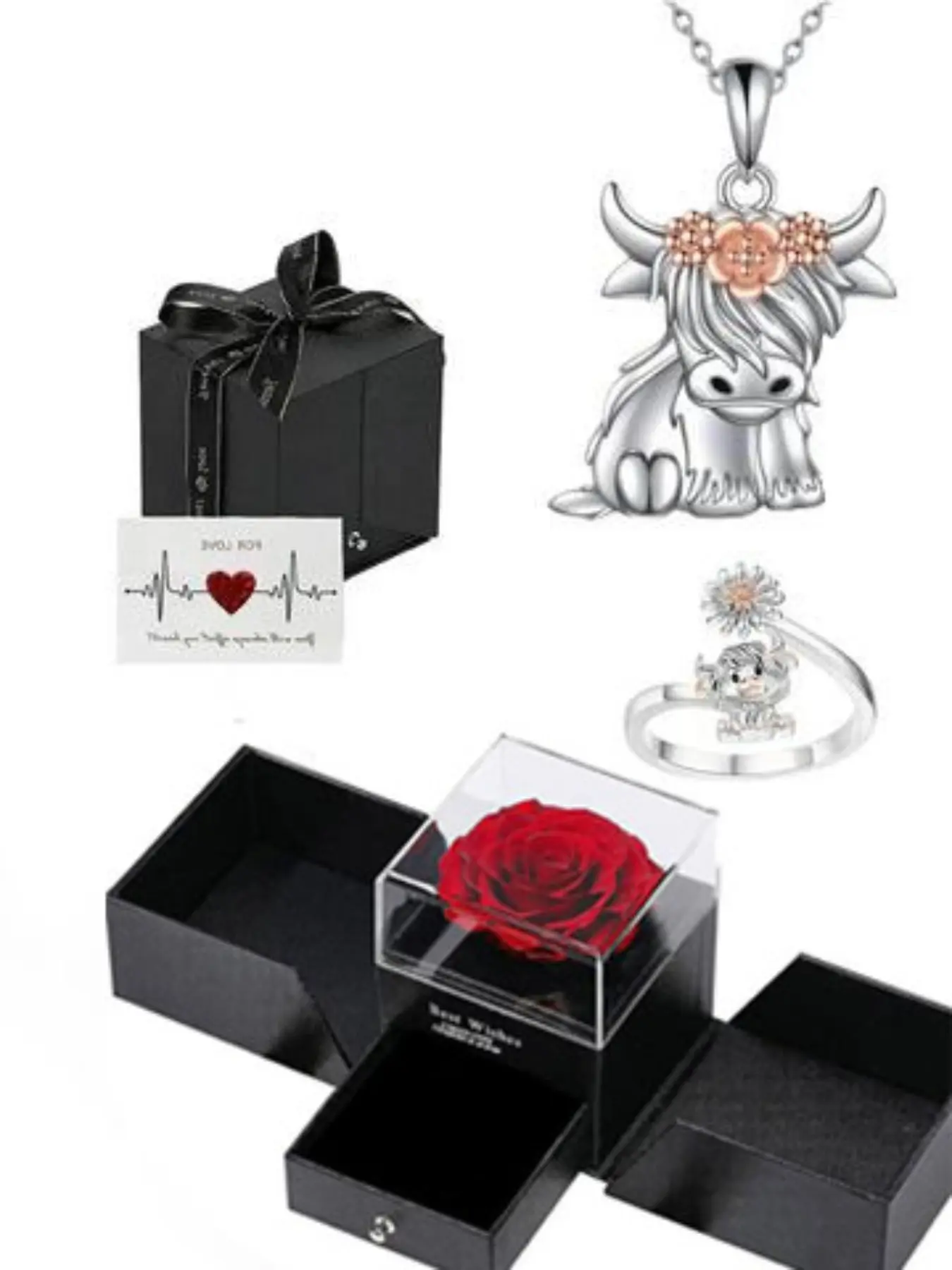 Highland Cow Vintage Elegant Jewelry Set with Eternal Rose Box, Silver Color Pendant Necklace, Adjustable Ring, Cute Animal Gift for Mom, Girlfriend, Wife