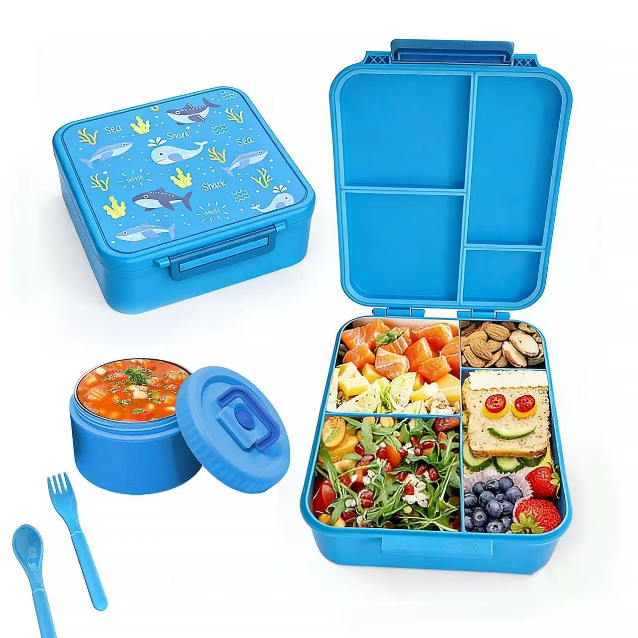Cute Cartoon Bento Lunch Box with Soup Thermo, Kids Leakproof 4 Compartments, Insulated Food Jar for School Travel, Leak-Proof Bento Box with Spoon
