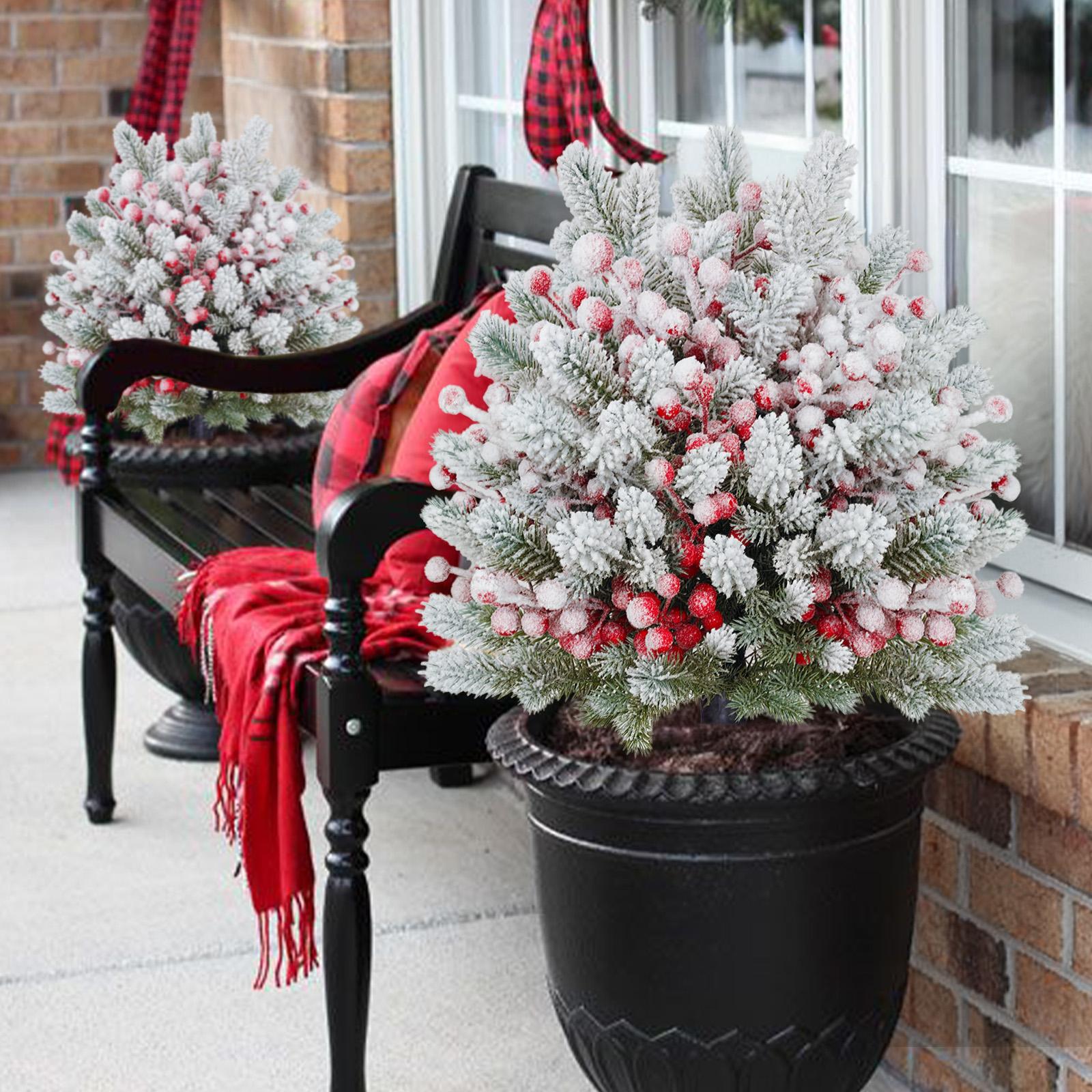 Outdoor Christmas Tree Set, UV Resistant Artificial Pine Needle Trees with Berries, Easy Installation Garden Decor for Yard & Porch