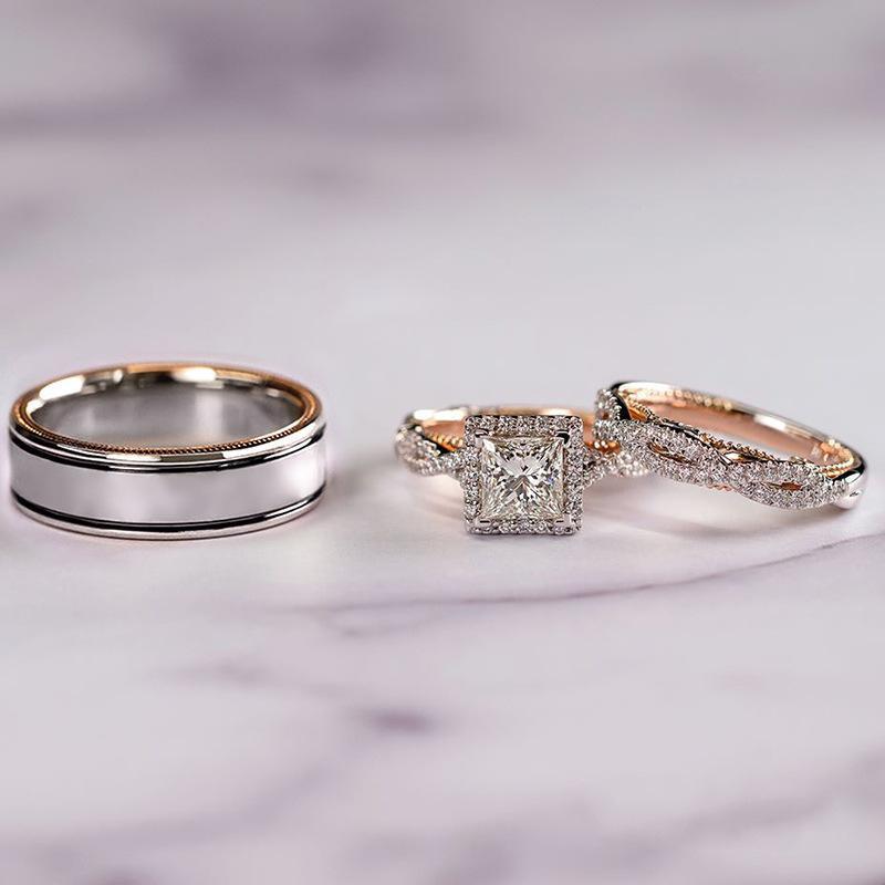 Women's 3-Piece Rose Gold-Plated Cubic Zirconia Bridal Ring Set, Stackable Wedding Ring with Sparkling Bands, Multi-Size All-Seasons Engagement Promise Gift for Wedding Anniversary