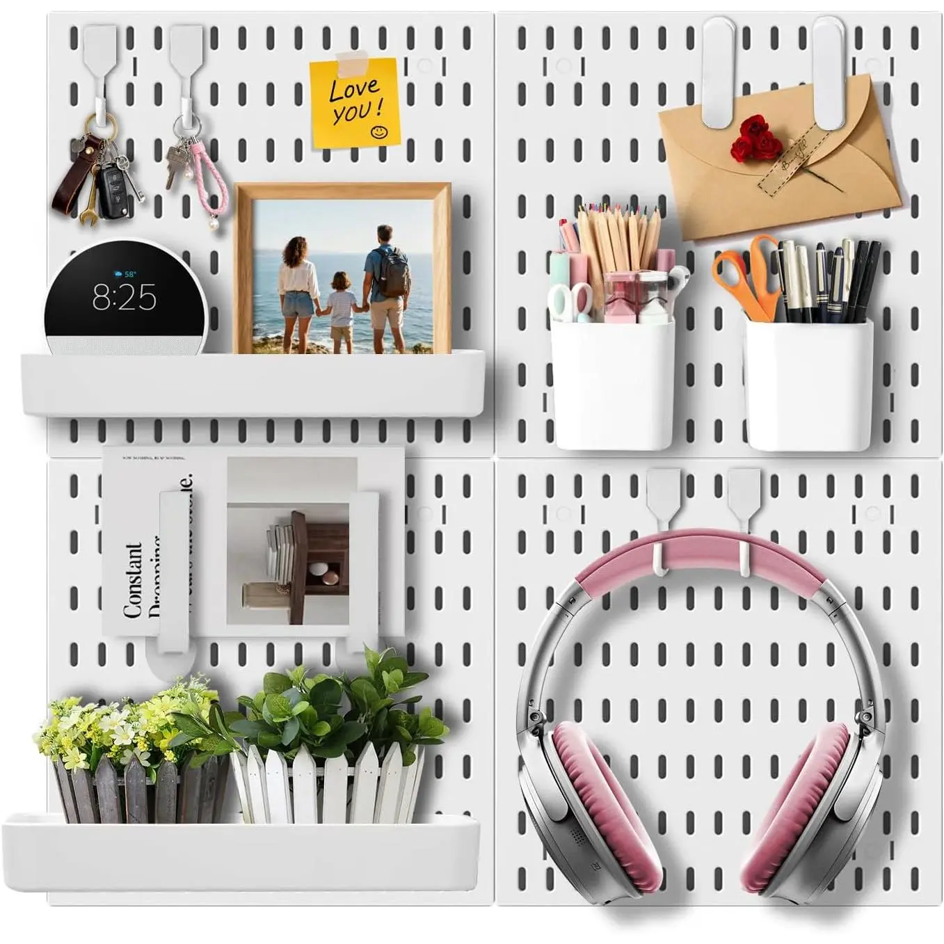 Wall Organizer Pegboard Kit, Wall Control Peg Board with 18 count Accessories, 4 Pack Plastic Wall Mount Display Storage Panels for Kitchen Bathroom Craft Room Office Organization, 23.6 Inches (White)